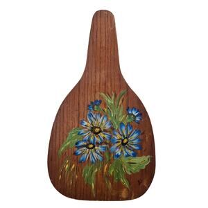 Vintage Hand Painted Wood Panel Picture Blue Floral Prairie Rustic Cottage 80s